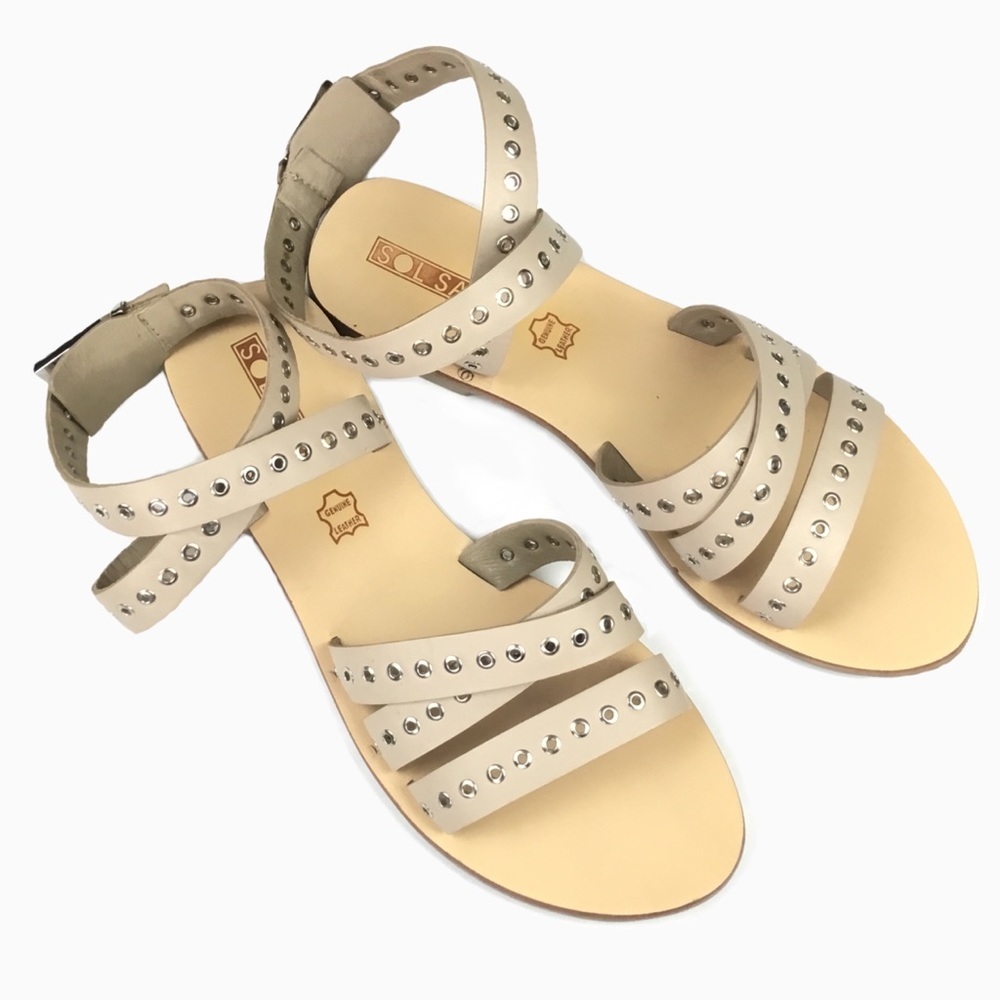 𝅺Sol Sana Clash Leather Eyelet Flat Sandals  have Ankle Wrap Strap. Sz. 40 Us 9